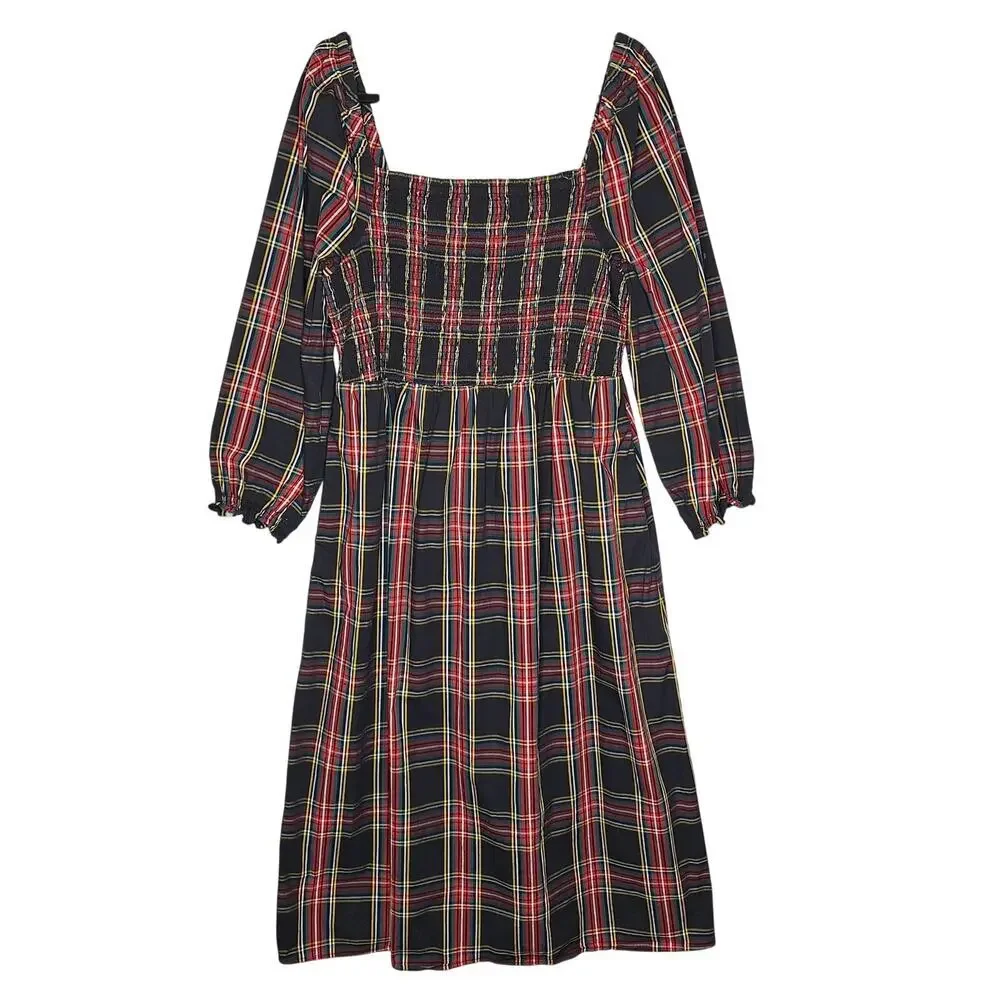 J. Crew Tartan Plaid Midi Dress Smocked Cotton Cottagecore XXL 2X Academia
